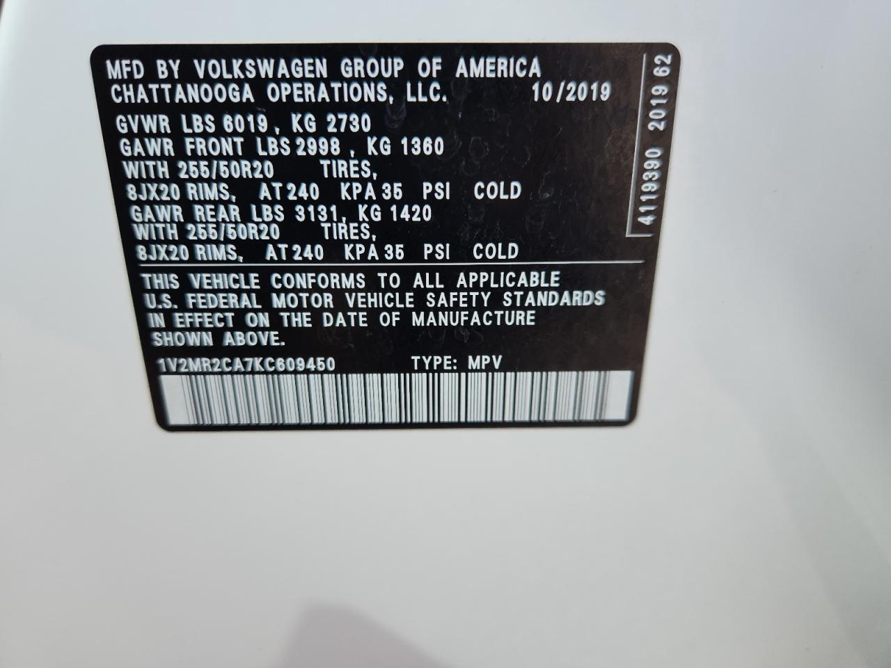 2019 Volkswagen Atlas Sel VIN: 1V2MR2CA7KC609450 Lot: 69356165