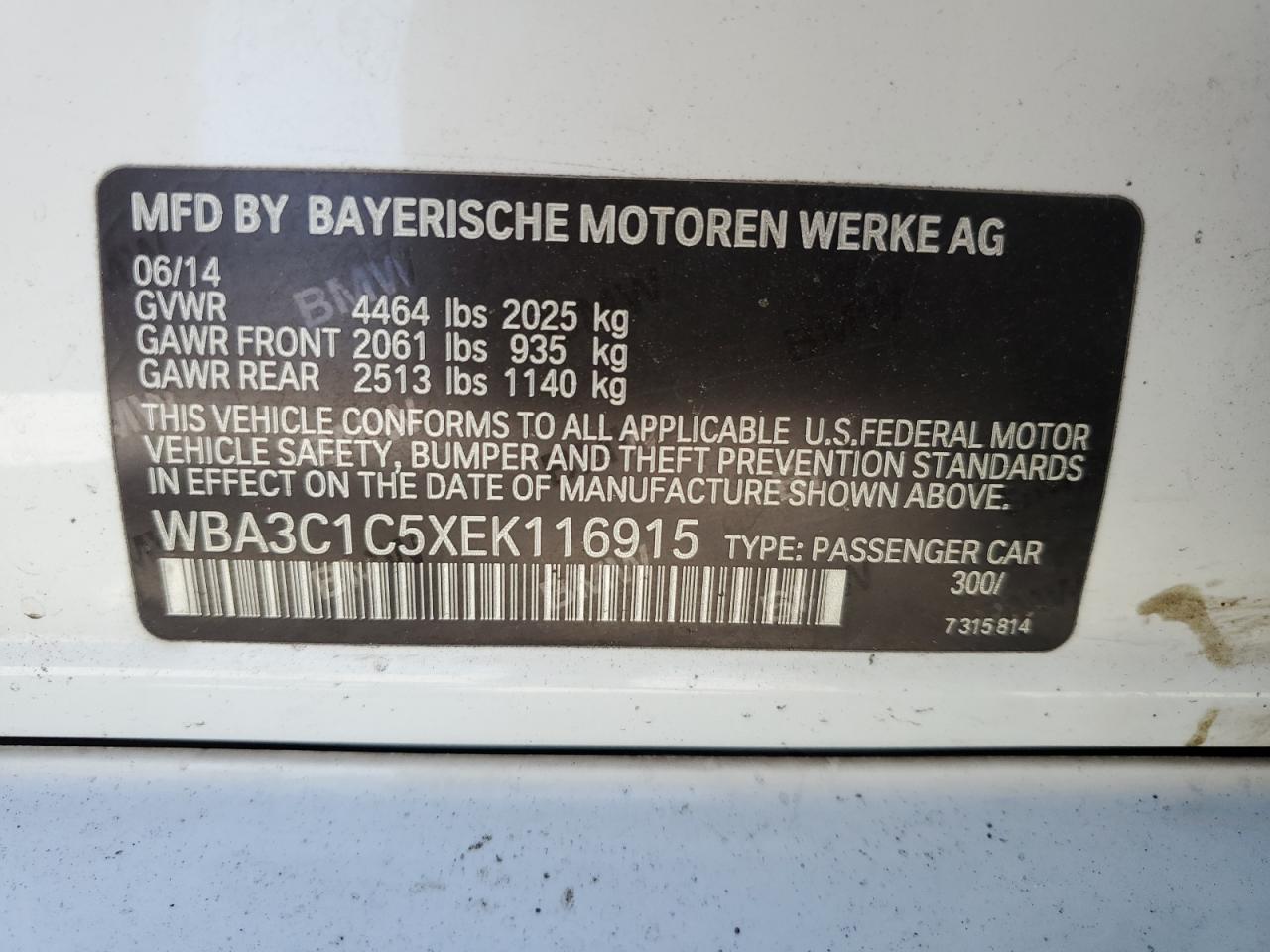 2014 BMW 328 I Sulev VIN: WBA3C1C5XEK116915 Lot: 70960835