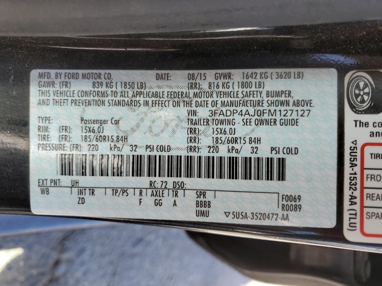 2015 Ford Fiesta S VIN: 3FADP4AJ0FM127127 Lot: 69034765