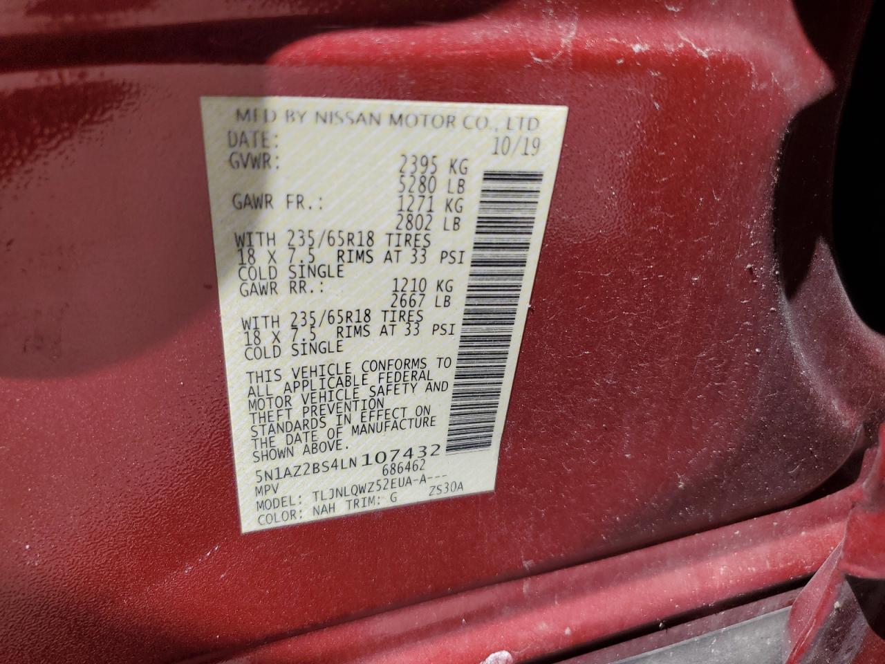 2020 Nissan Murano Sv VIN: 5N1AZ2BS4LN107432 Lot: 69187025