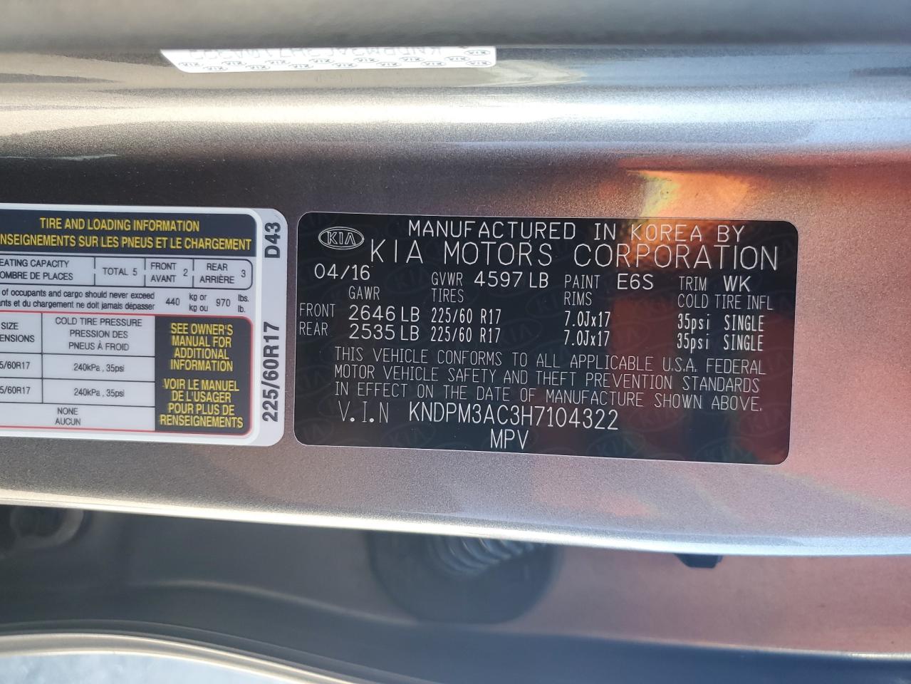 2017 Kia Sportage Lx VIN: KNDPM3AC3H7104322 Lot: 69385435