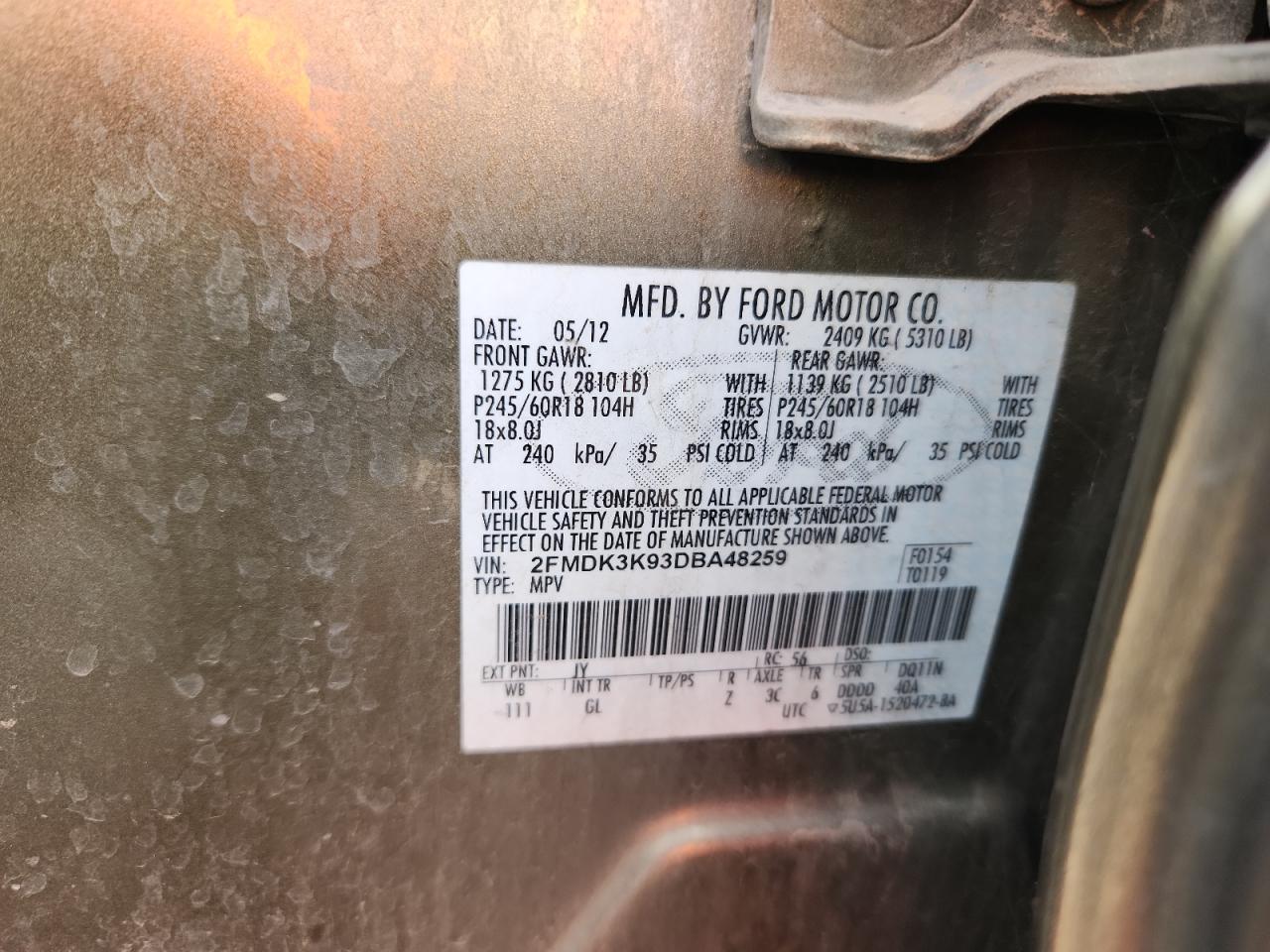 2013 Ford Edge Limited VIN: 2FMDK3K93DBA48259 Lot: 70786885