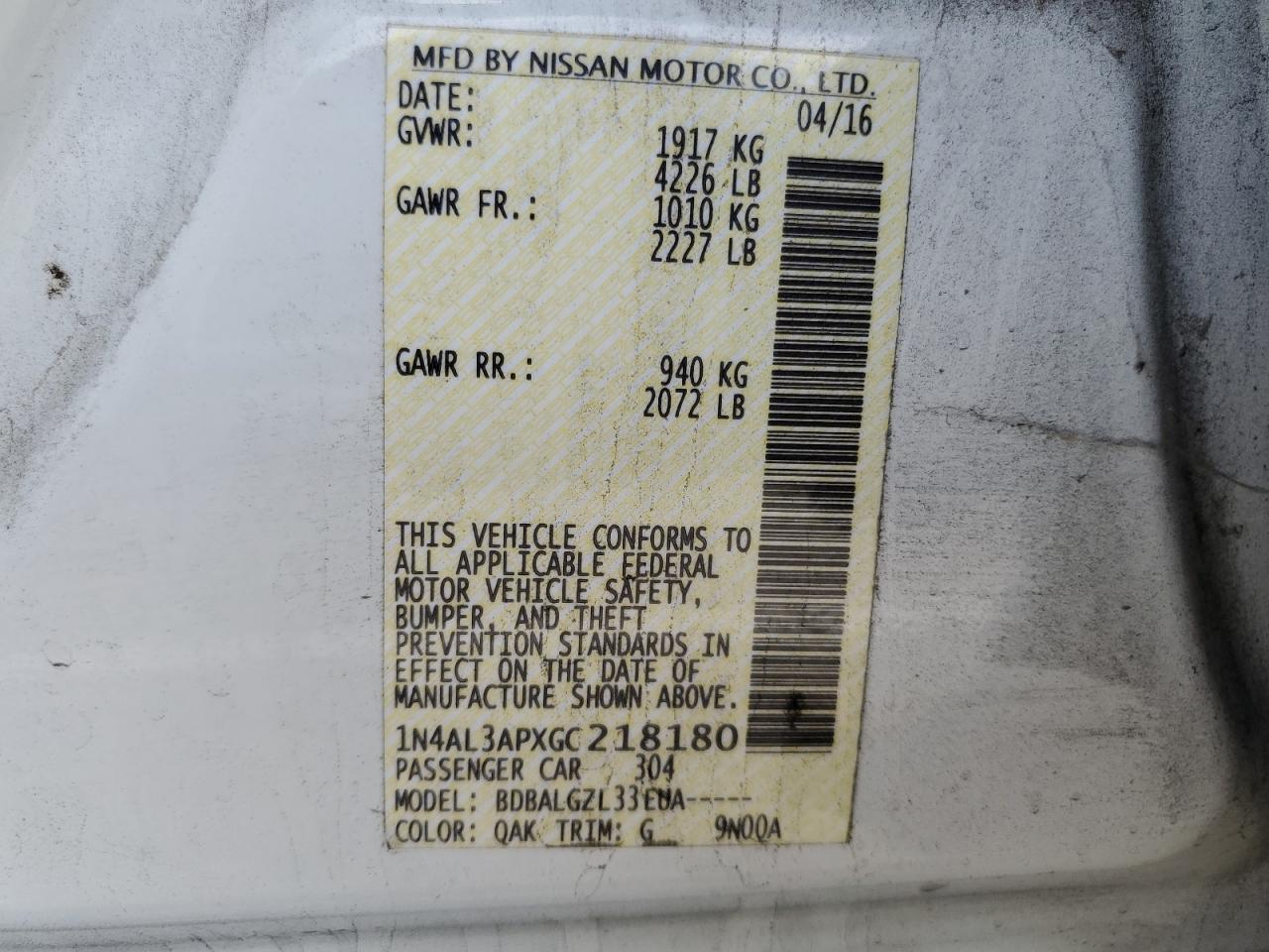2016 Nissan Altima 2.5 VIN: 1N4AL3APXGC218180 Lot: 68769785