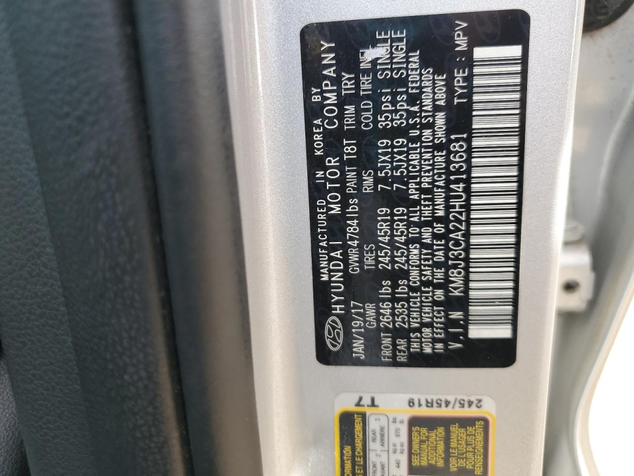 2017 Hyundai Tucson Limited VIN: KM8J3CA22HU413681 Lot: 70683545