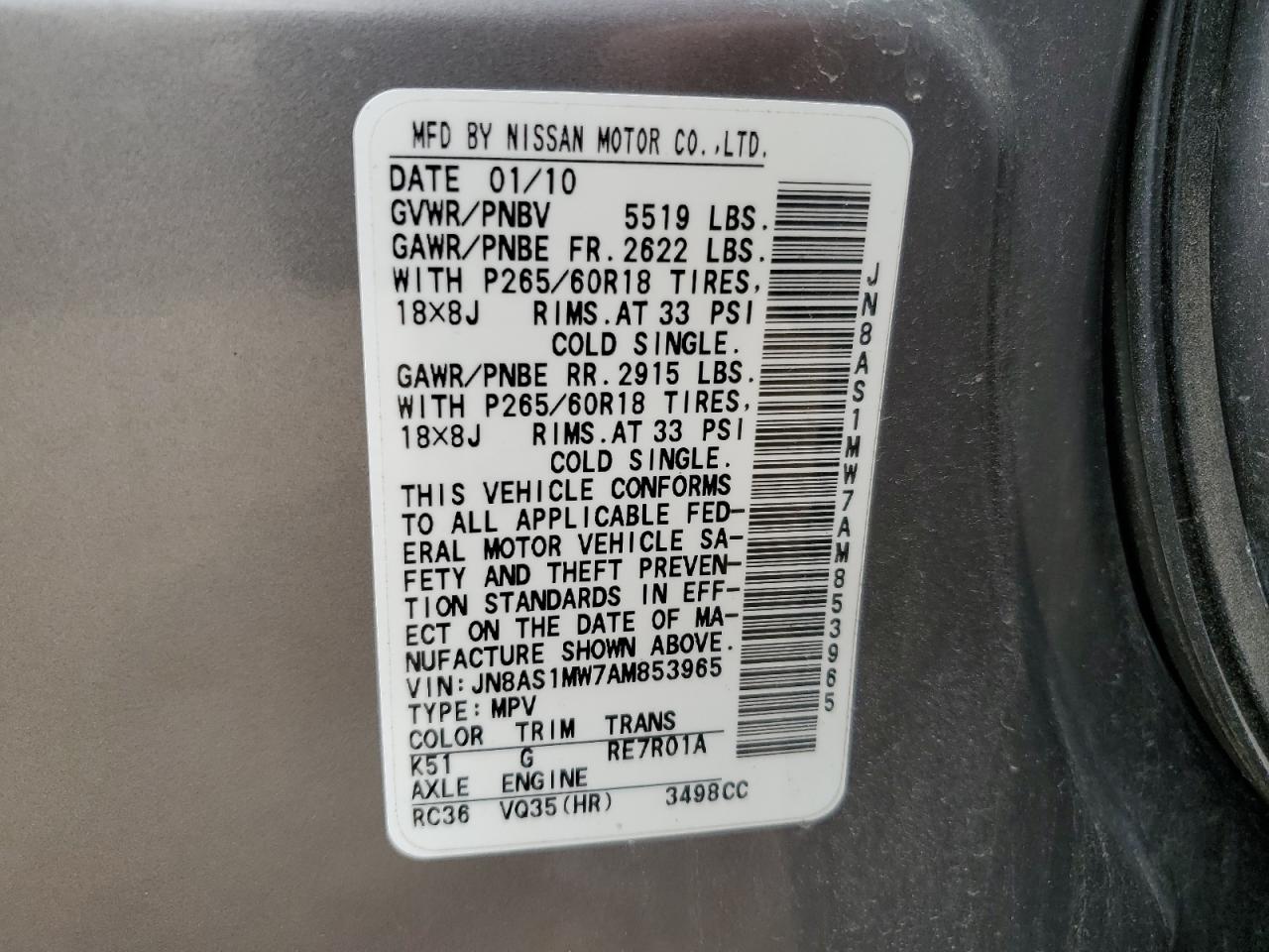 2010 Infiniti Fx35 VIN: JN8AS1MW7AM853965 Lot: 69452165