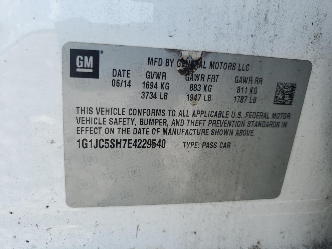 2014 Chevrolet Sonic Lt VIN: 1G1JC5SH7E4229540 Lot: 69982255