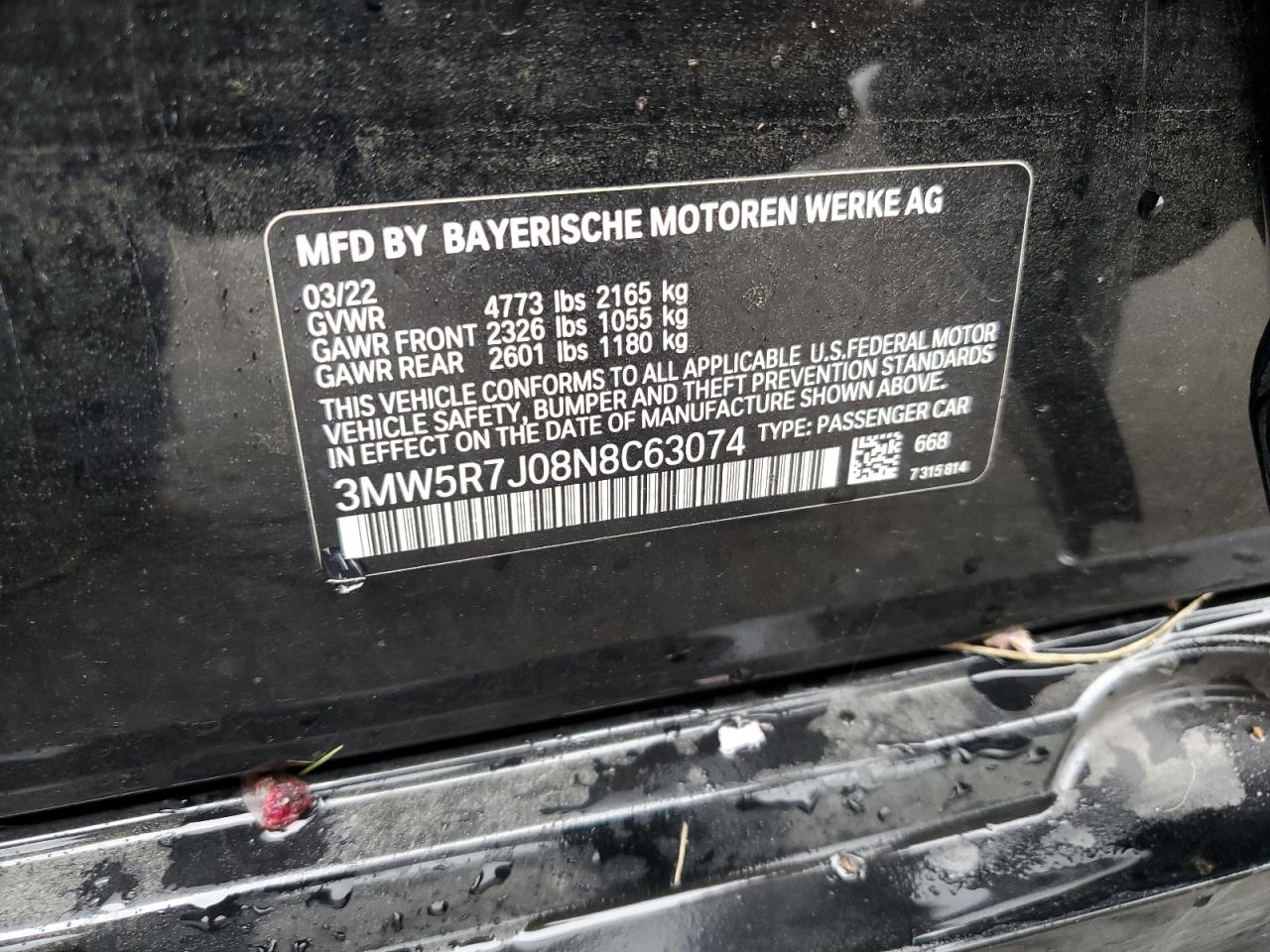 2022 BMW 330Xi VIN: 3MW5R7J08N8C63074 Lot: 69862205