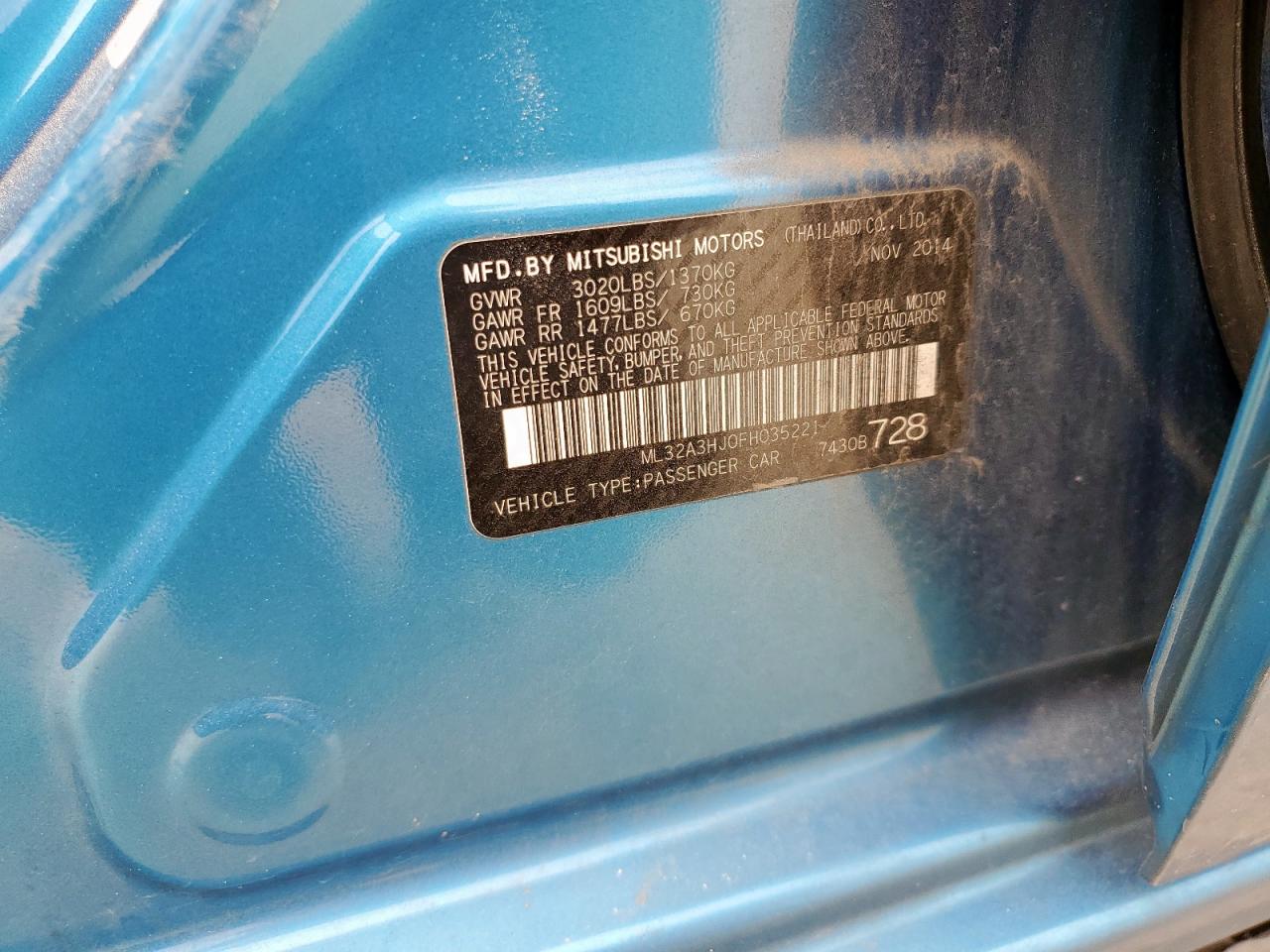 2015 Mitsubishi Mirage De VIN: ML32A3HJ0FH035221 Lot: 70170495