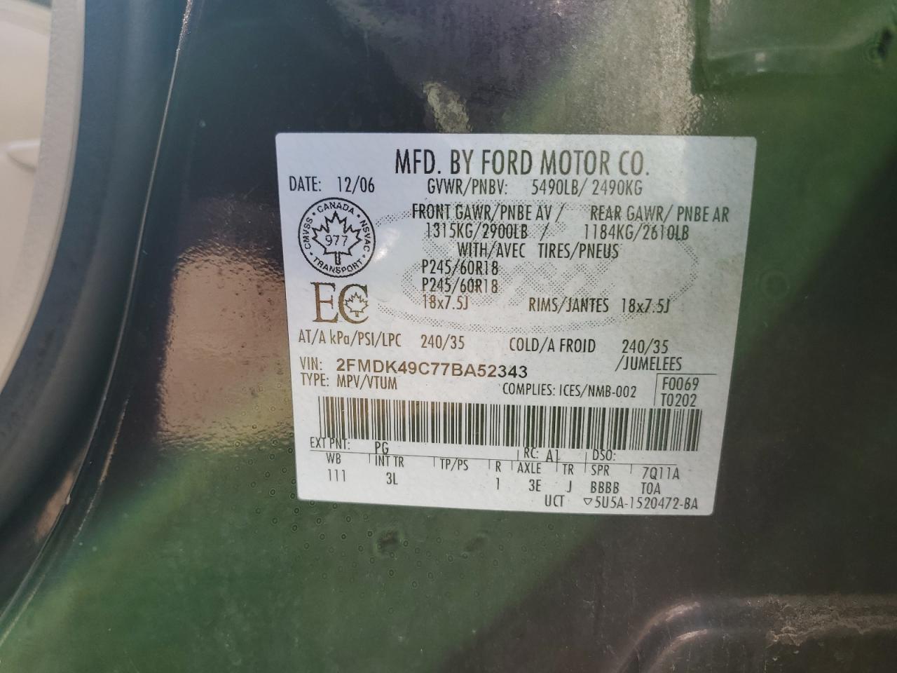 2007 Ford Edge Sel Plus VIN: 2FMDK49C77BA52343 Lot: 69424715