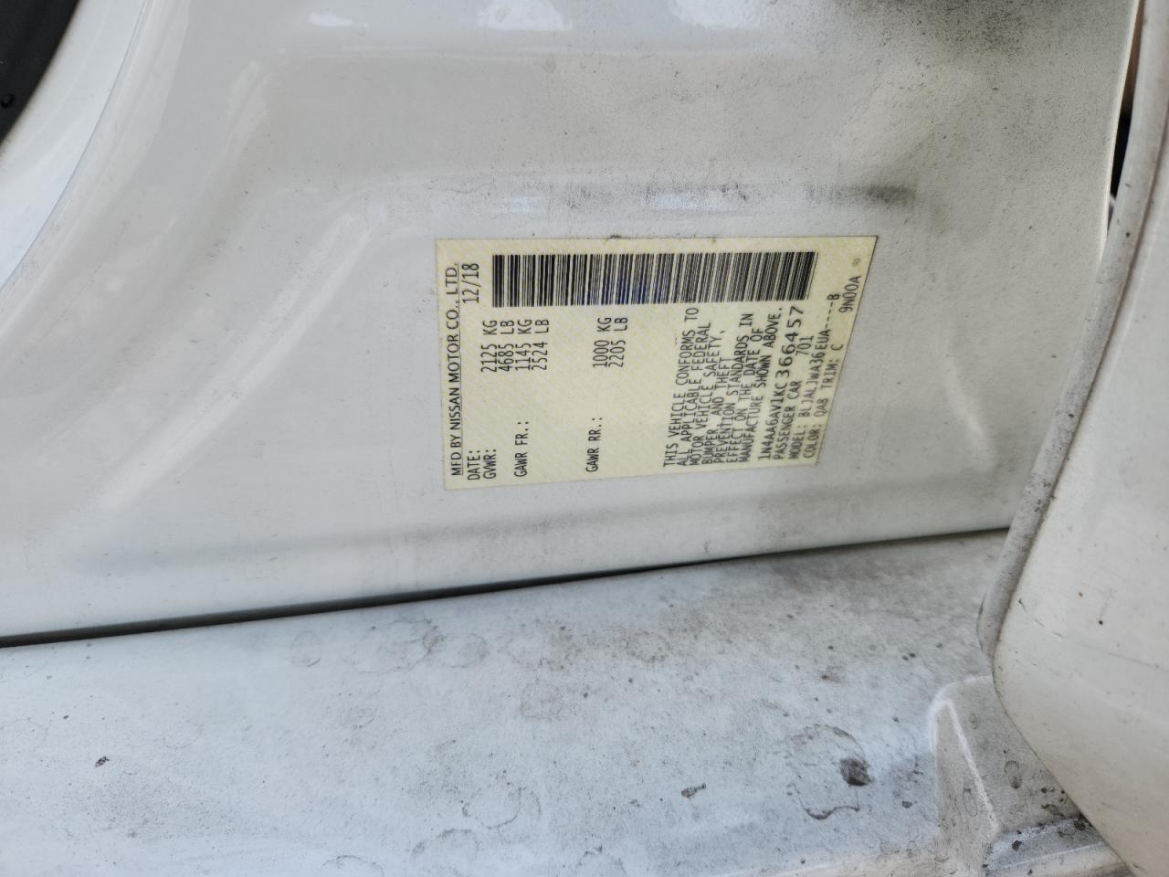 2019 Nissan Maxima S VIN: 1N4AA6AV1KC366457 Lot: 66857075