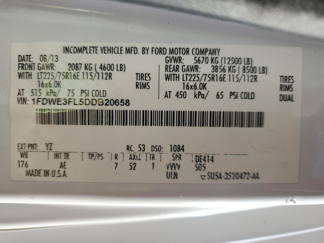 2013 Ford Econoline E350 Super Duty Cutaway Van VIN: 1FDWE3FL5DDB20658 Lot: 67215265