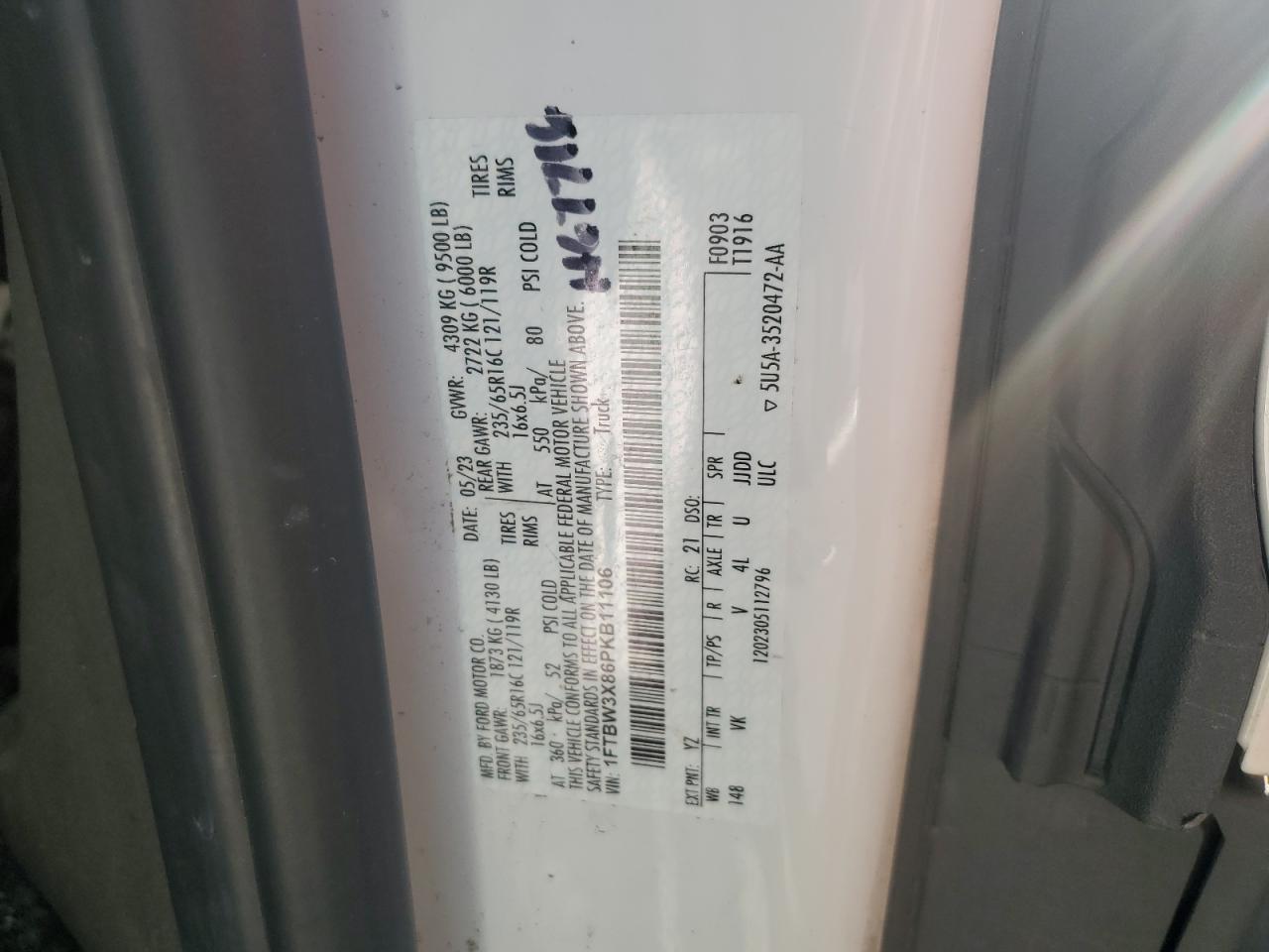 2023 Ford Transit T-350 VIN: 1FTBW3X86PKB11106 Lot: 69972845