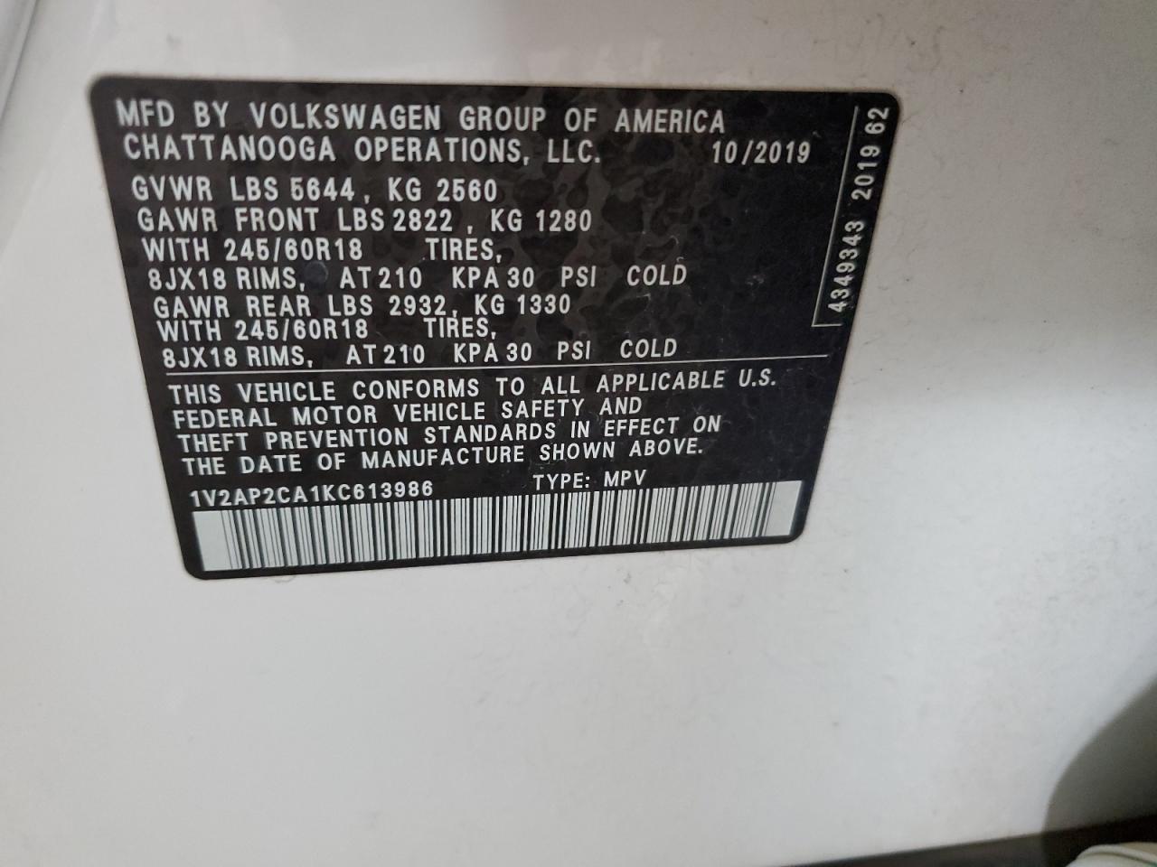 2019 Volkswagen Atlas S VIN: 1V2AP2CA1KC613986 Lot: 67584935