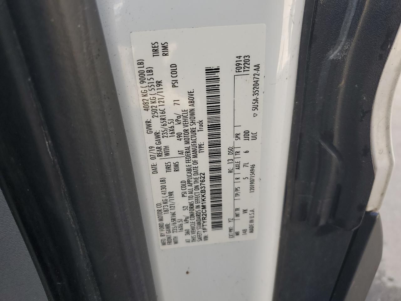 2019 Ford Transit T-250 VIN: 1FTYR2CM1KKB37622 Lot: 70311245