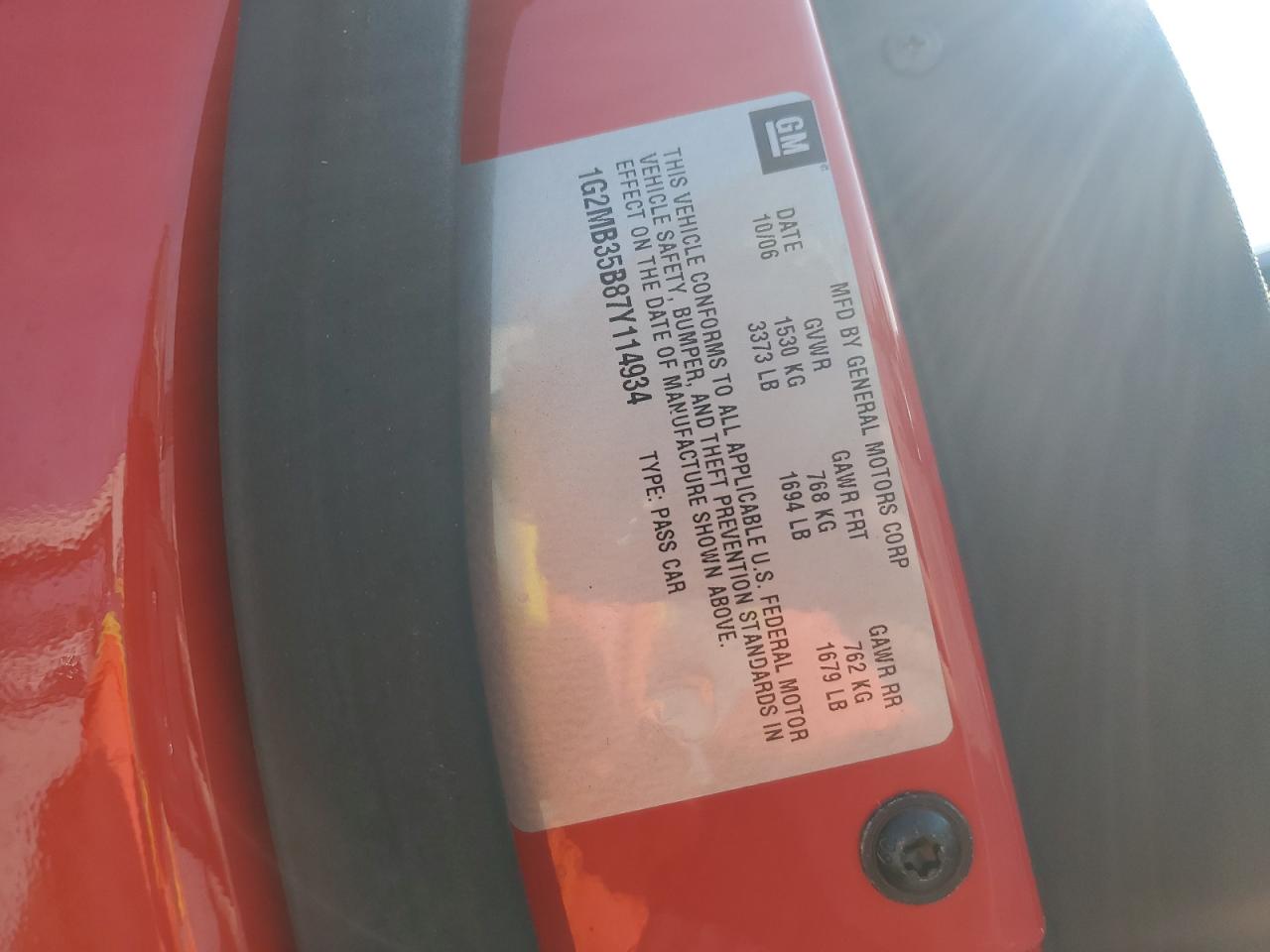 2007 Pontiac Solstice VIN: 1G2MB35B87Y114934 Lot: 68639895