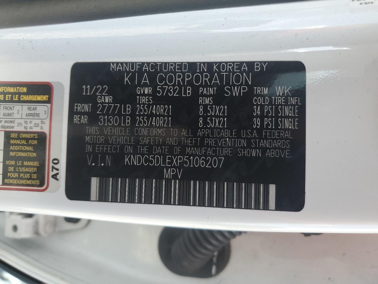 2023 Kia Ev6 Gt VIN: KNDC5DLEXP5106207 Lot: 71160605