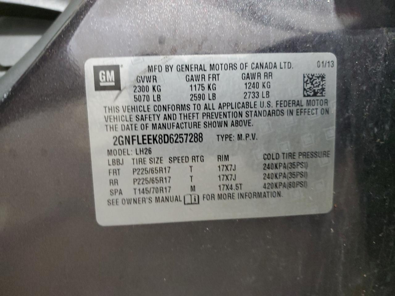 2013 Chevrolet Equinox Lt VIN: 2GNFLEEK8D6257288 Lot: 70030245