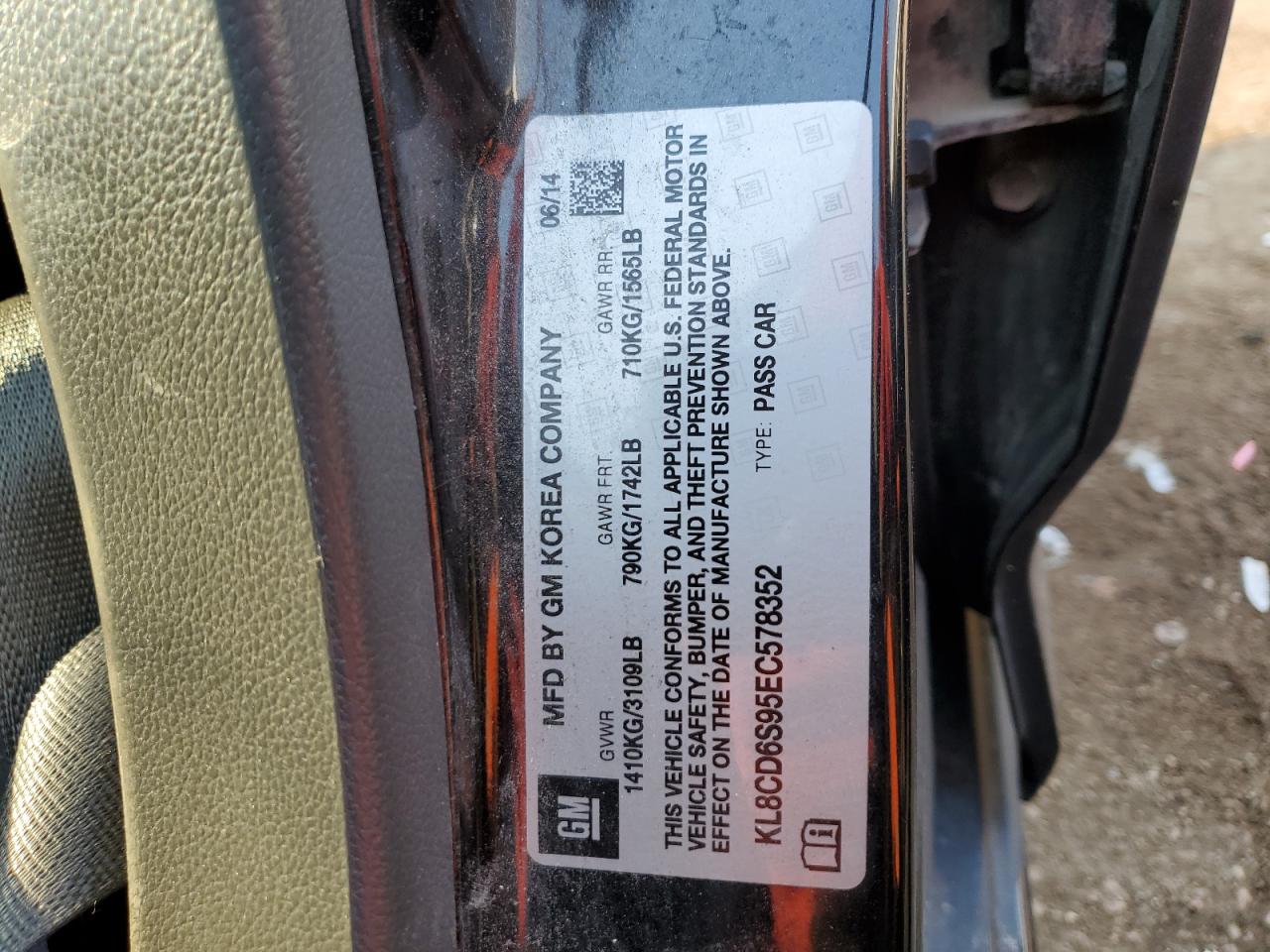 2014 Chevrolet Spark 1Lt VIN: KL8CD6S95EC578352 Lot: 68700045