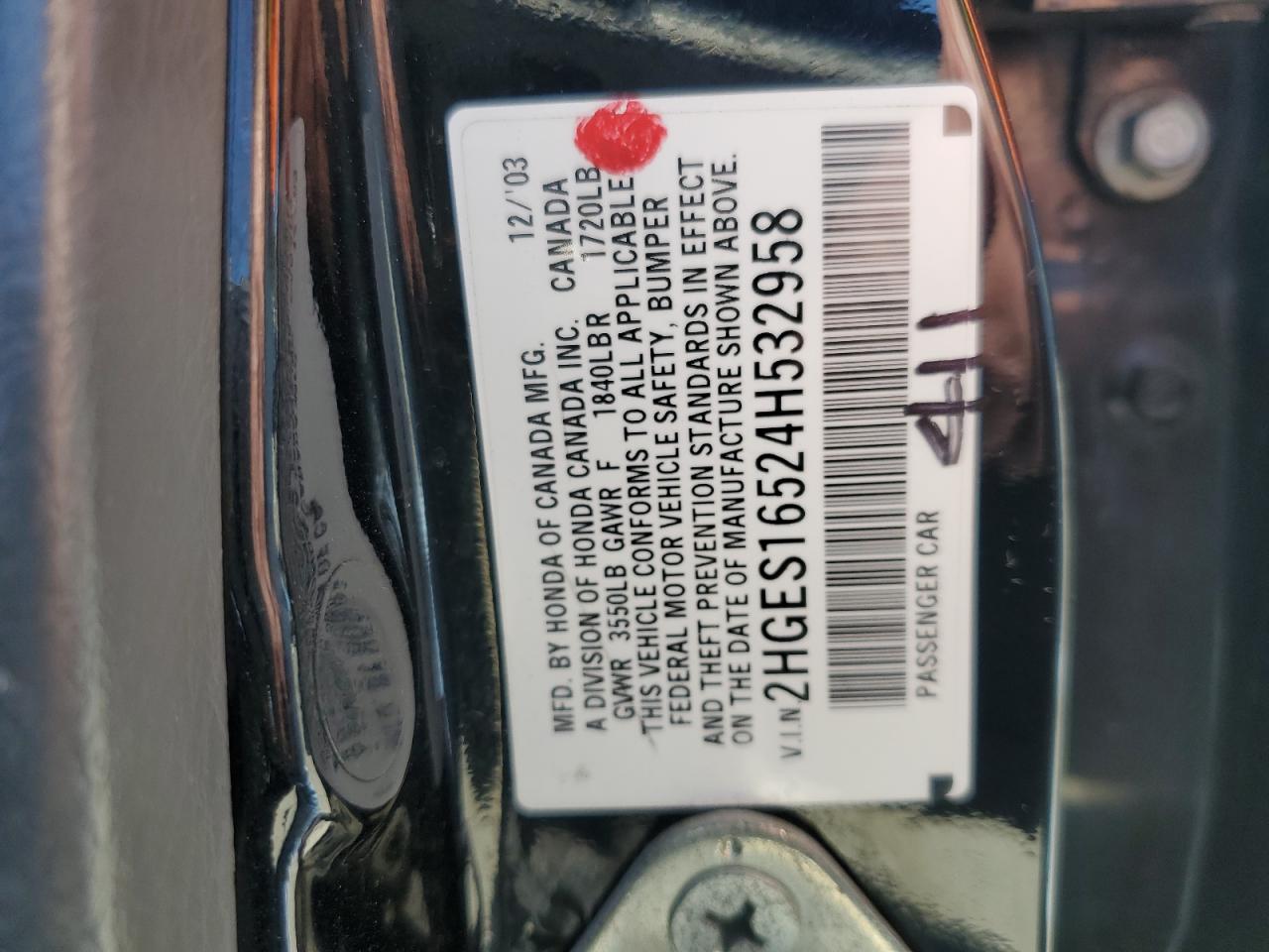 2004 Honda Civic Lx VIN: 2HGES16524H532958 Lot: 68927005