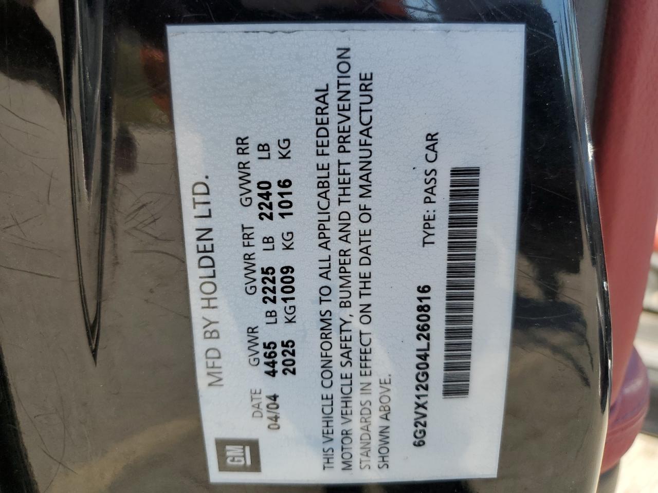 2004 Pontiac Gto VIN: 6G2VX12G04L260816 Lot: 70911975