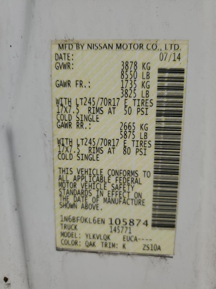 2014 Nissan Nv 1500 VIN: 1N6BF0KL6EN105874 Lot: 69616305