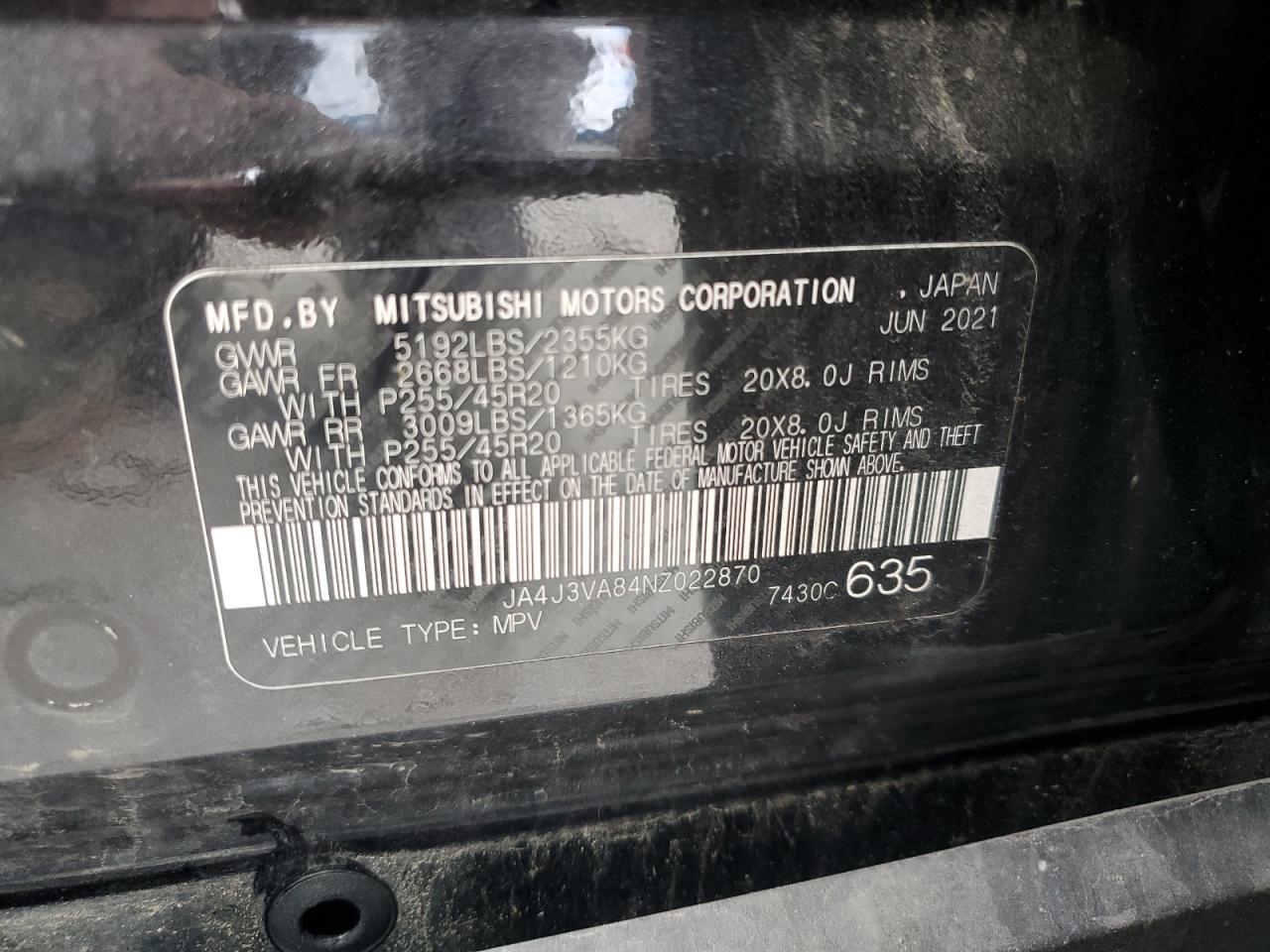 2022 Mitsubishi Outlander Sel VIN: JA4J3VA84NZ022870 Lot: 70885325