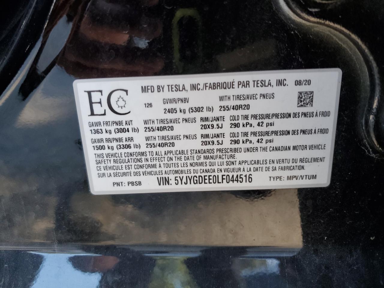 2020 Tesla Model Y VIN: 5YJYGDEE0LF044516 Lot: 70094295