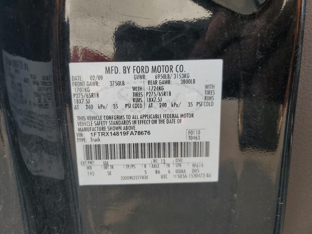 2009 Ford F150 Super Cab VIN: 1FTRX14819FA78676 Lot: 67574635