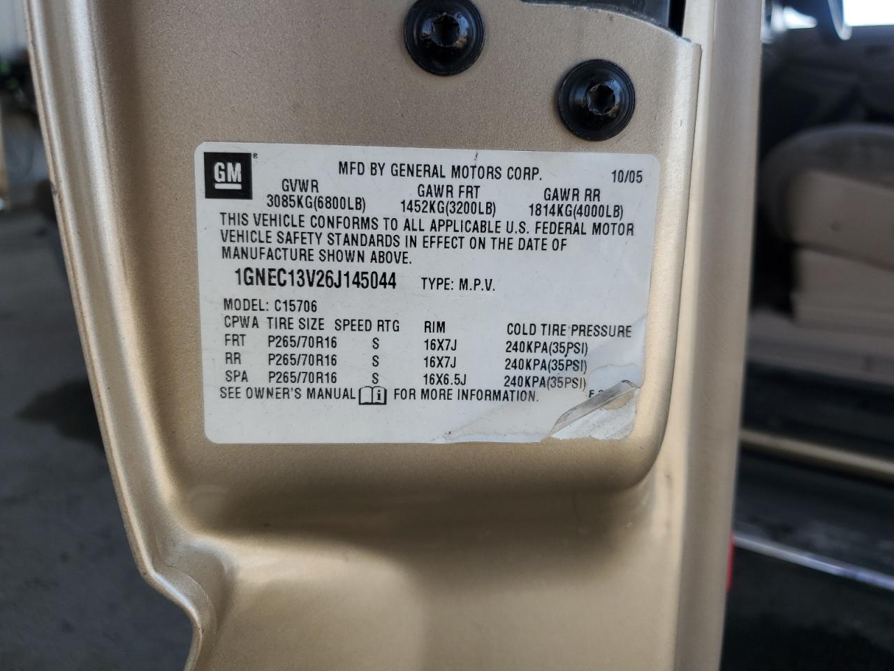 2006 Chevrolet Tahoe C1500 VIN: 1GNEC13V26J145044 Lot: 70012695