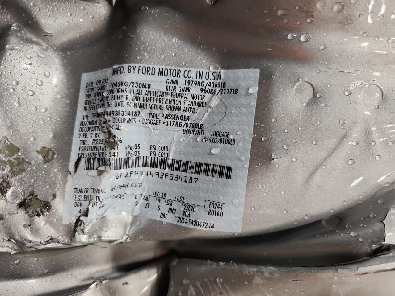 2003 Ford Mustang VIN: 1FAFP44493F334187 Lot: 69043735