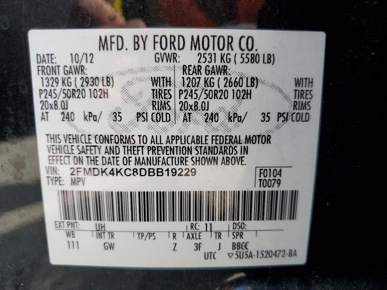 2013 Ford Edge Limited VIN: 2FMDK4KC8DBB19229 Lot: 70498565