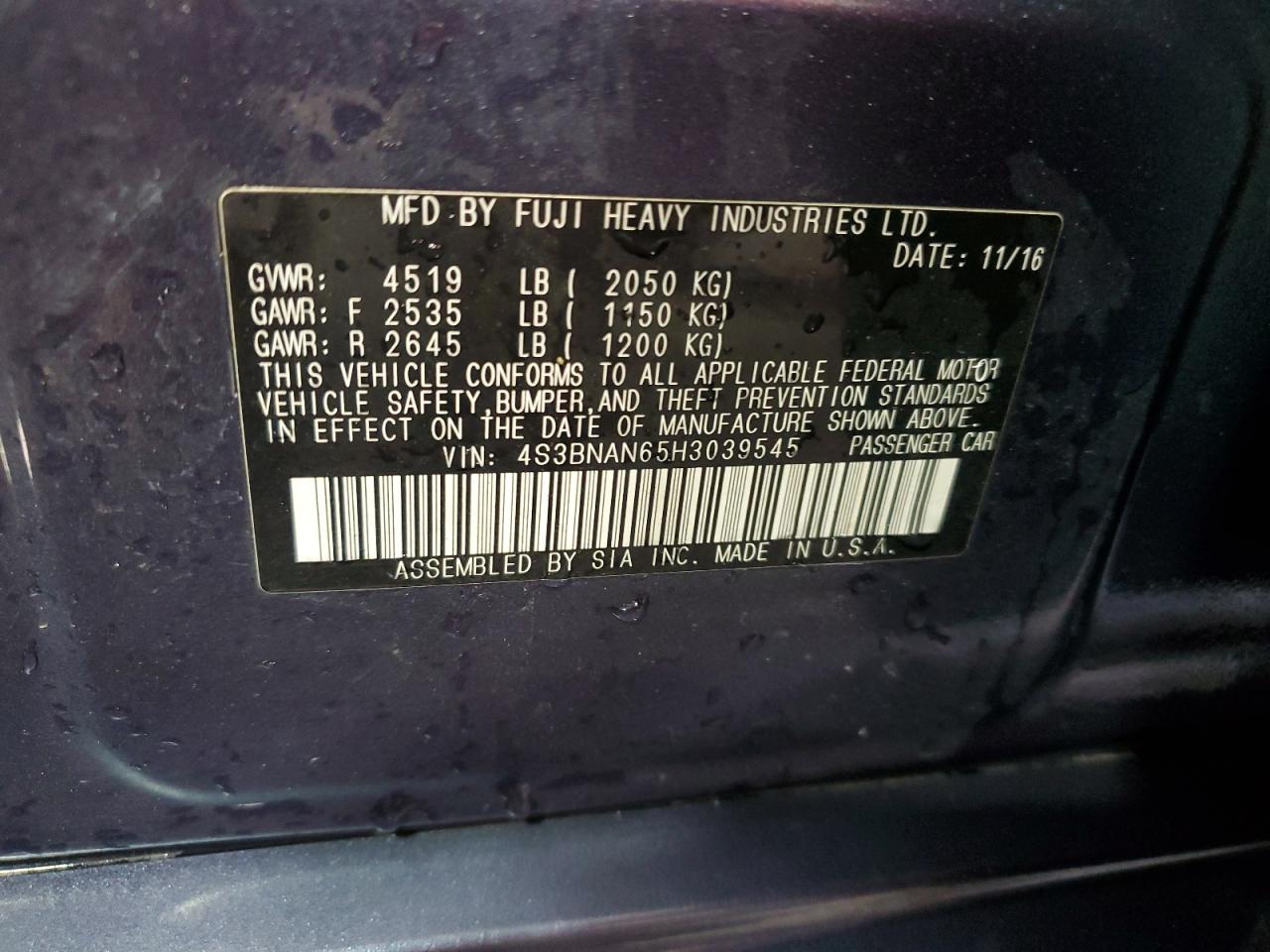 2017 Subaru Legacy 2.5I Limited VIN: 4S3BNAN65H3039545 Lot: 67581575