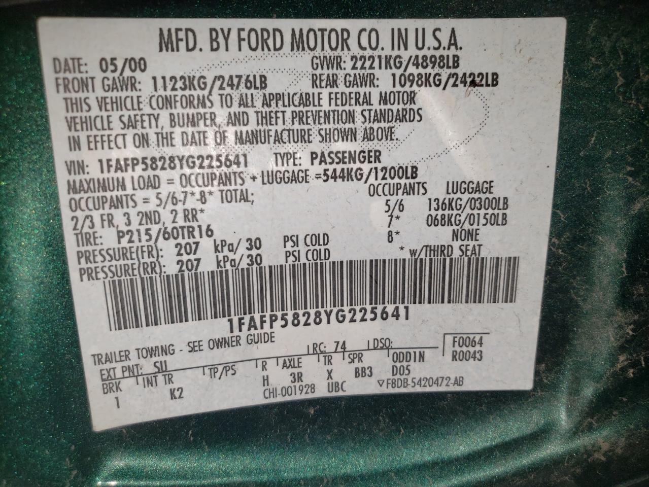 2000 Ford Taurus Se VIN: 1FAFP5828YG225641 Lot: 68788205