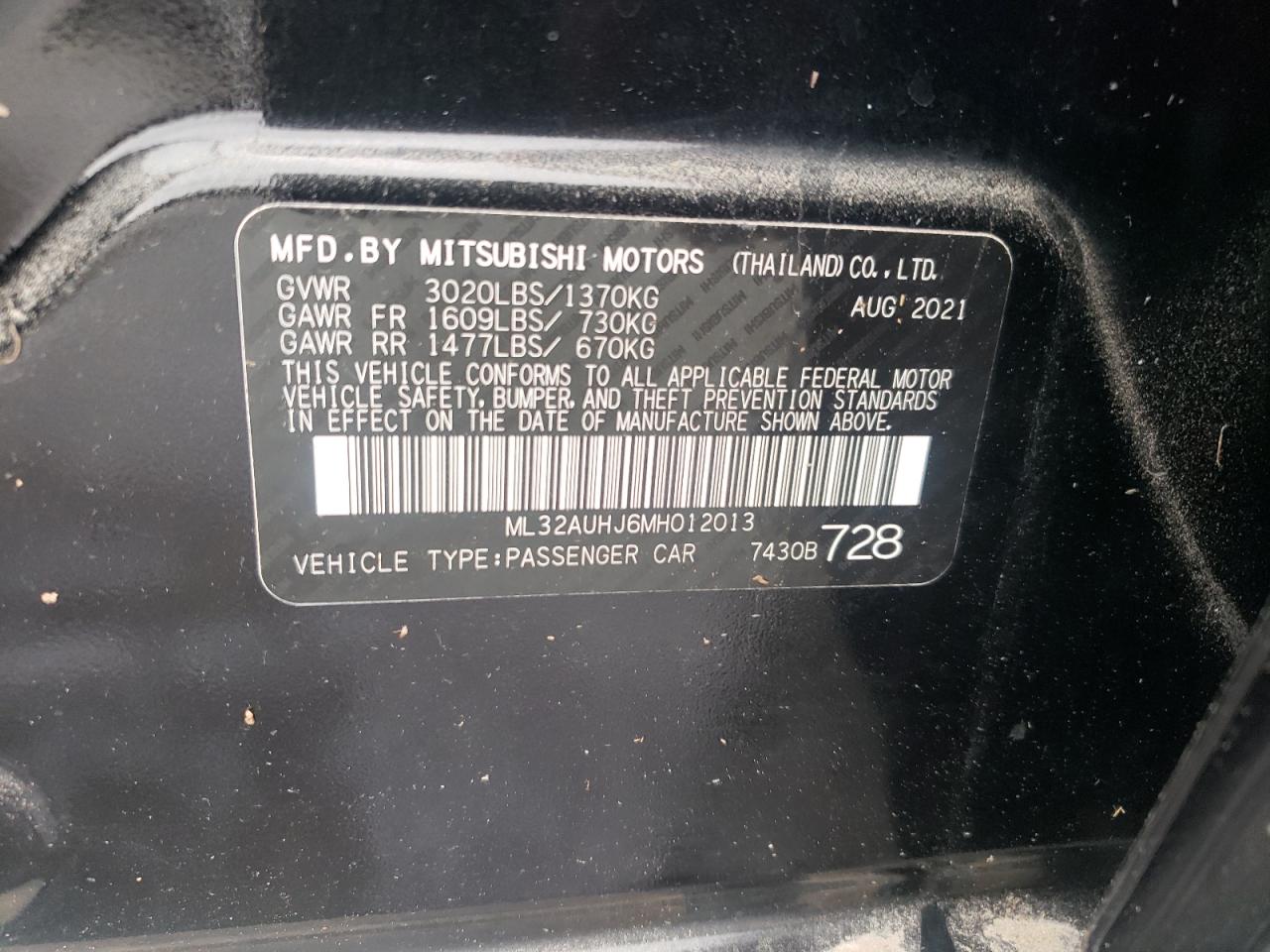 2021 Mitsubishi Mirage Es VIN: ML32AUHJ6MH012013 Lot: 68019385