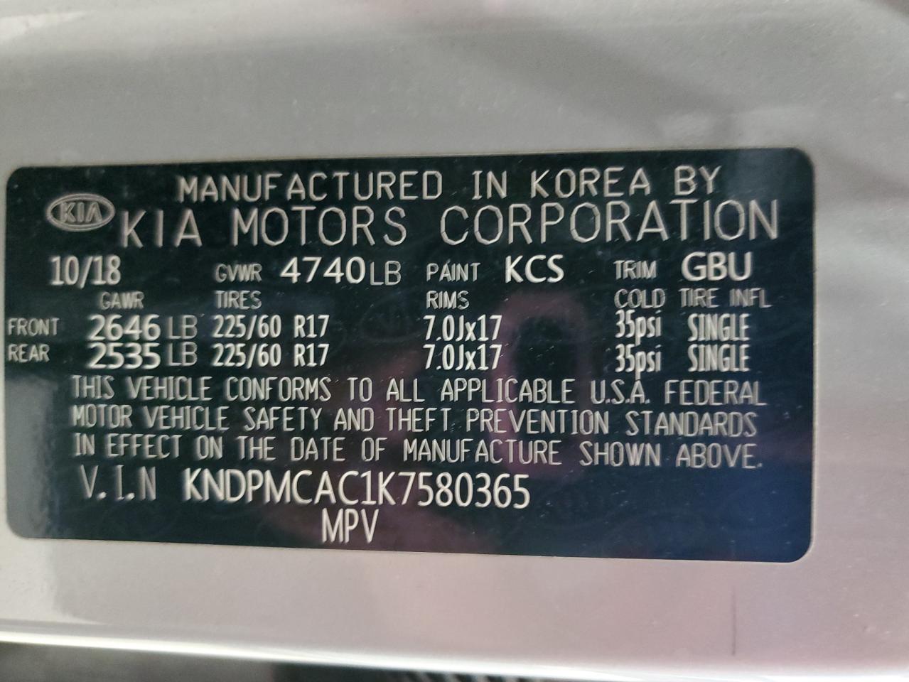 2019 Kia Sportage Lx VIN: KNDPMCAC1K7580365 Lot: 67981995