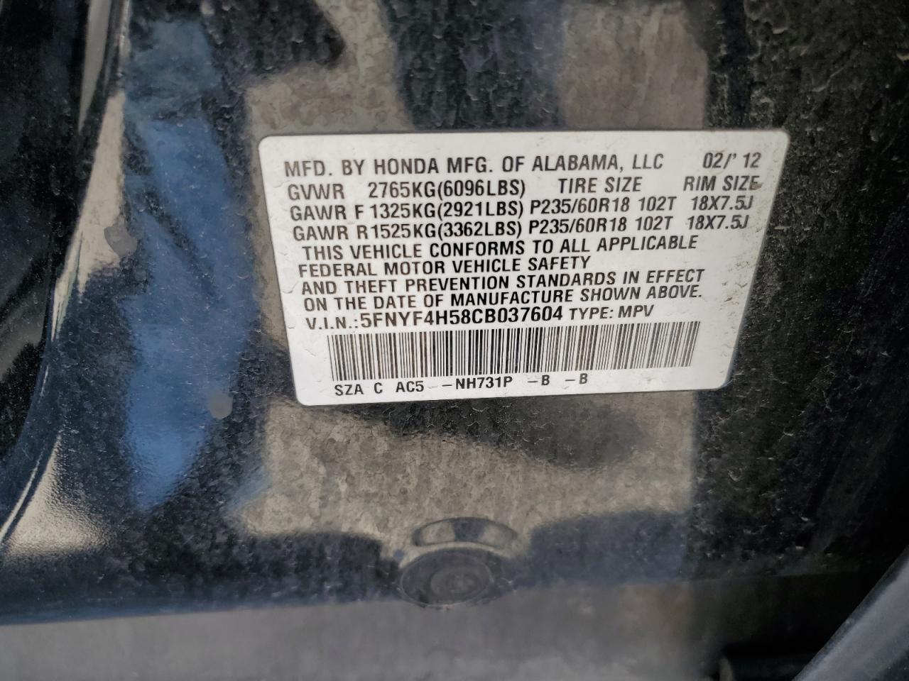 2012 Honda Pilot Exl VIN: 5FNYF4H58CB037604 Lot: 68281325