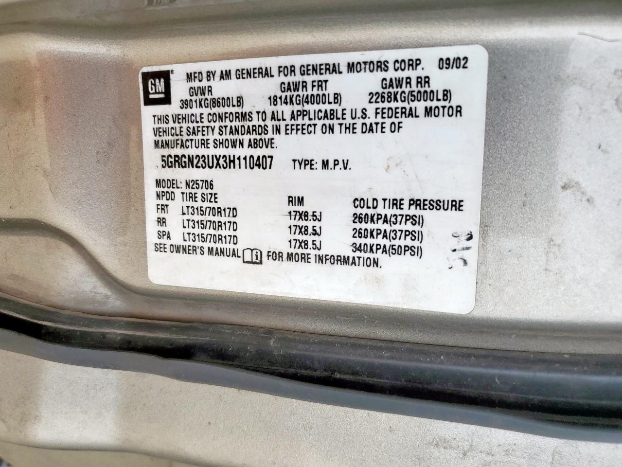 2003 Hummer H2 VIN: 5GRGN23UX3H110407 Lot: 69732925