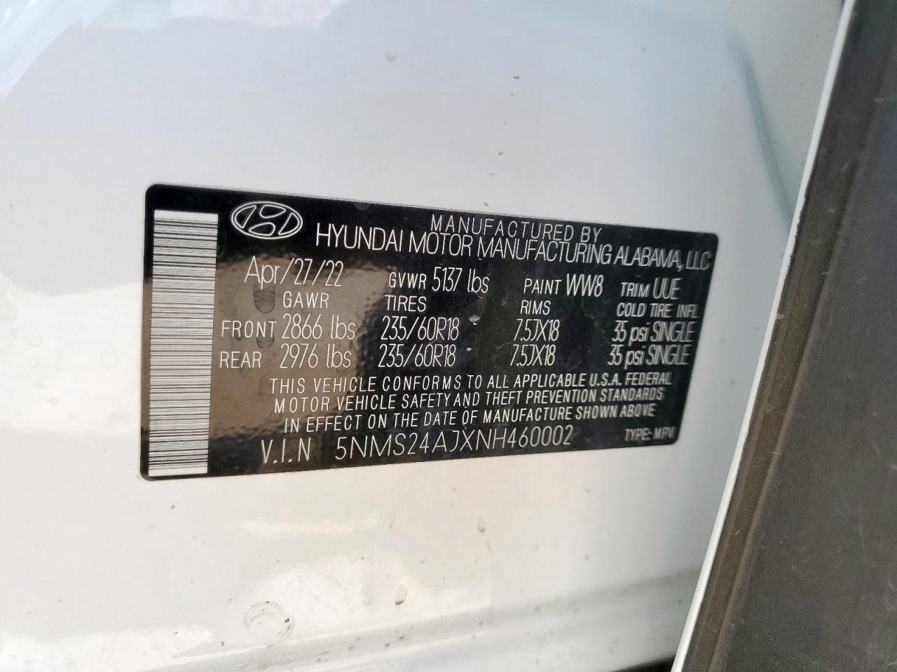 2022 Hyundai Santa Fe Sel VIN: 5NMS24AJXNH460002 Lot: 68553765