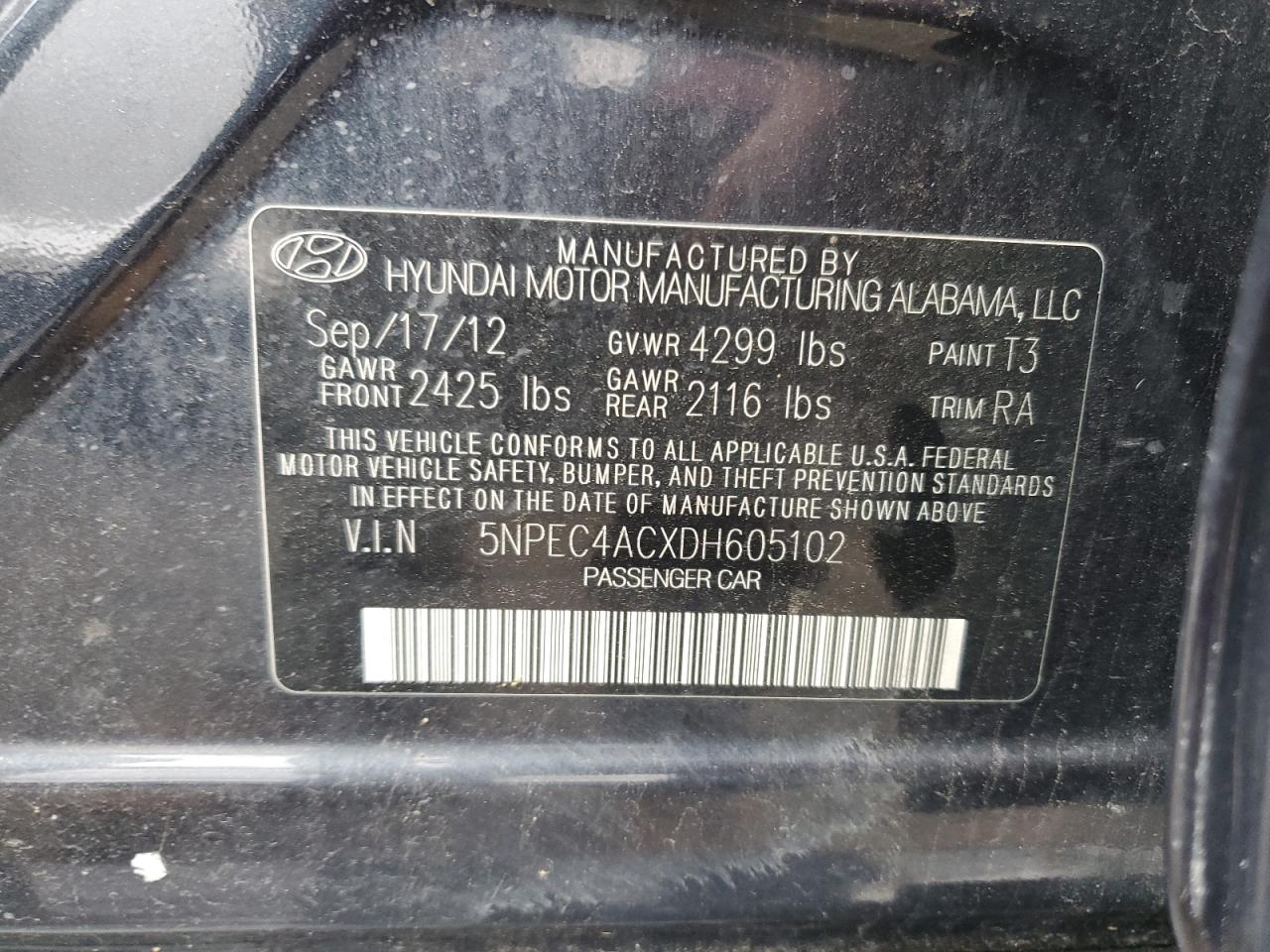 2013 Hyundai Sonata Se VIN: 5NPEC4ACXDH605102 Lot: 67860575