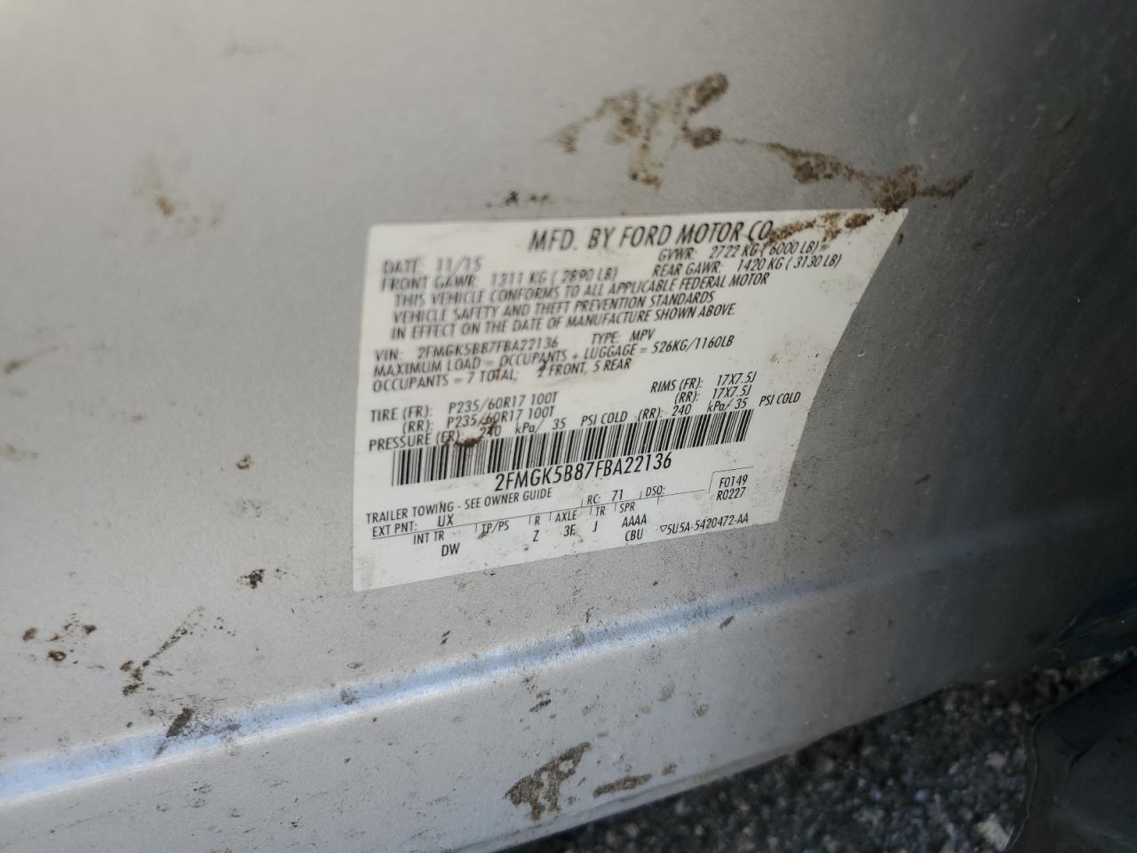 2015 Ford Flex Se VIN: 2FMGK5B87FBA22136 Lot: 69059015