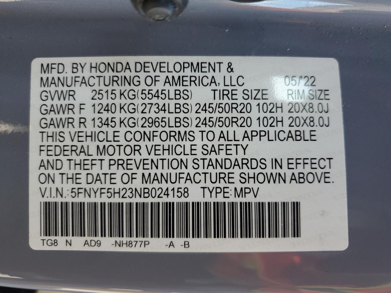 2022 Honda Pilot Se VIN: 5FNYF5H23NB024158 Lot: 70844605