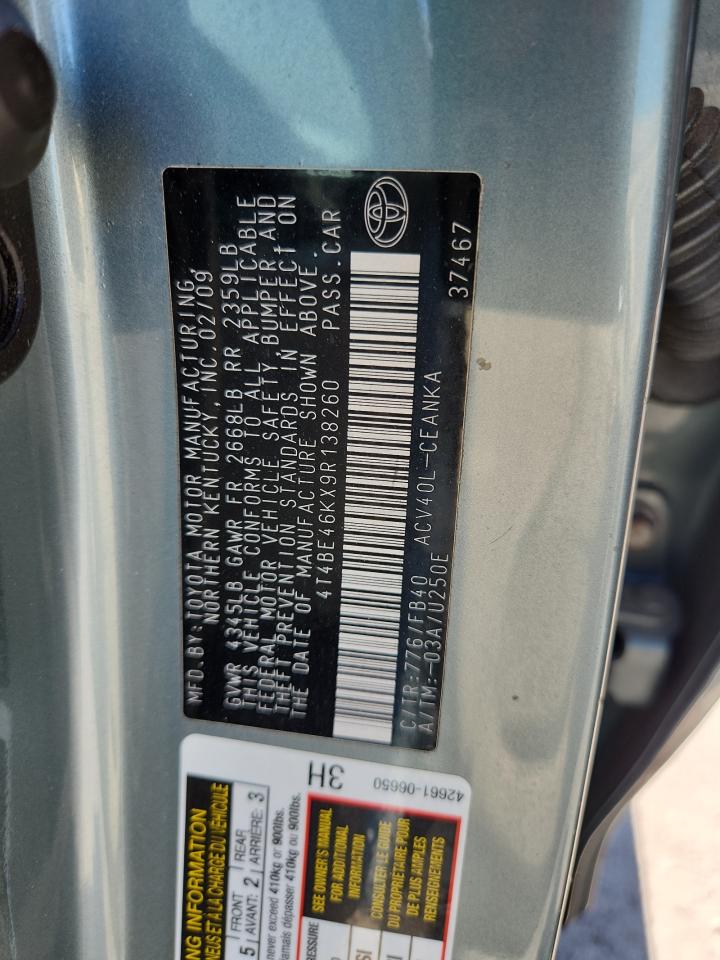 2009 Toyota Camry Base VIN: 4T4BE46KX9R138260 Lot: 70777005