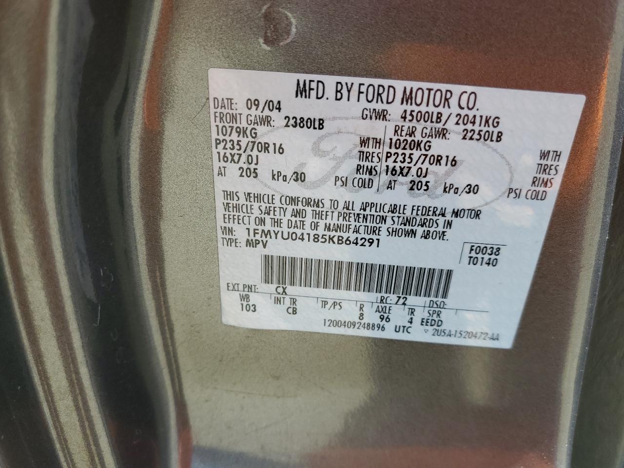 2005 Ford Escape Limited VIN: 1FMYU04185KB64291 Lot: 70598995