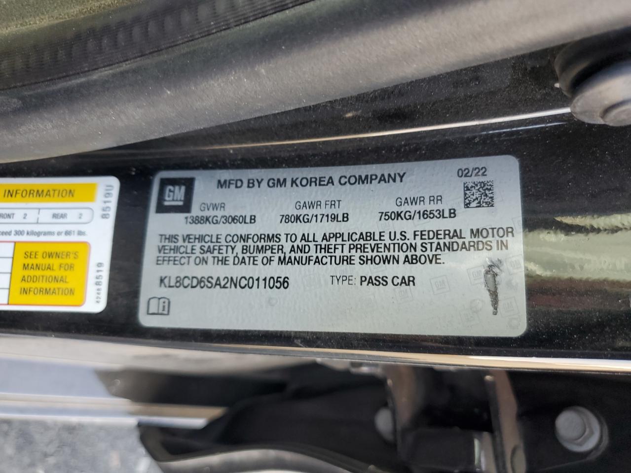 2022 Chevrolet Spark 1Lt VIN: KL8CD6SA2NC011056 Lot: 70297395