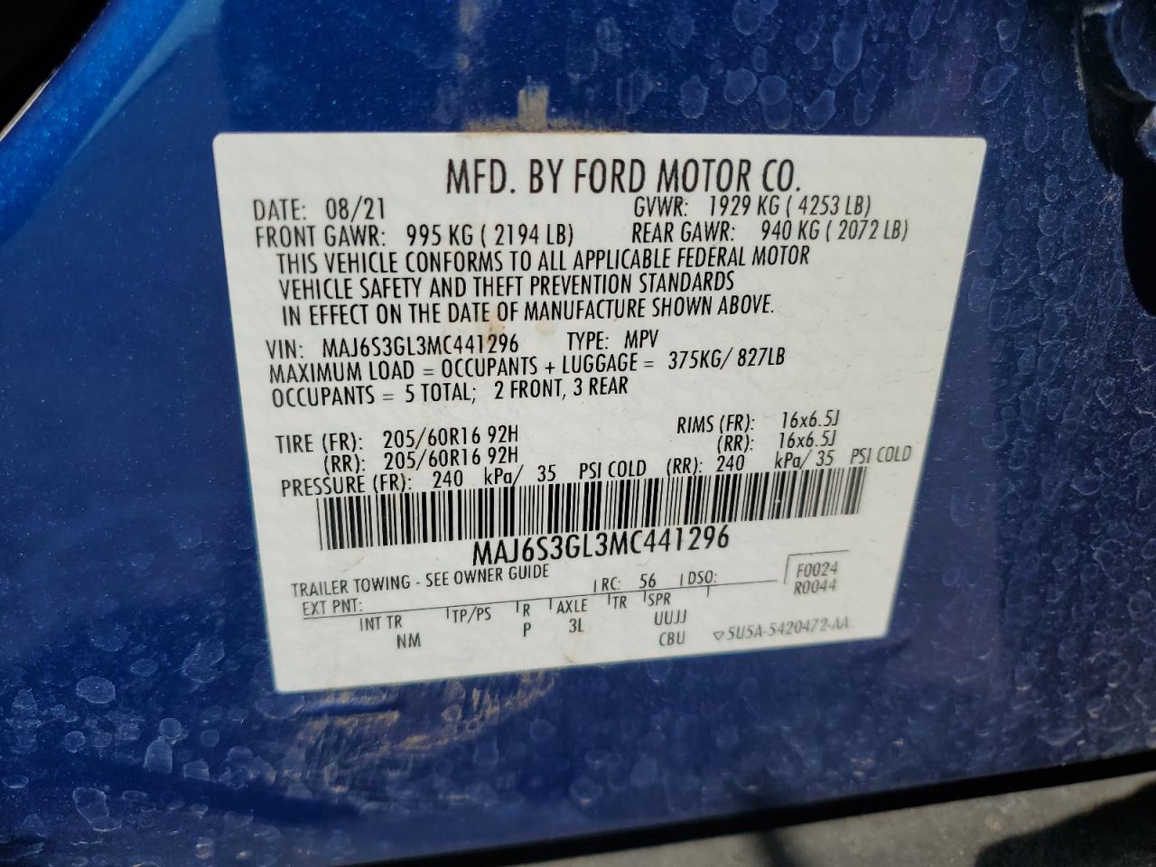 2021 Ford Ecosport Se VIN: MAJ6S3GL3MC441296 Lot: 84545925