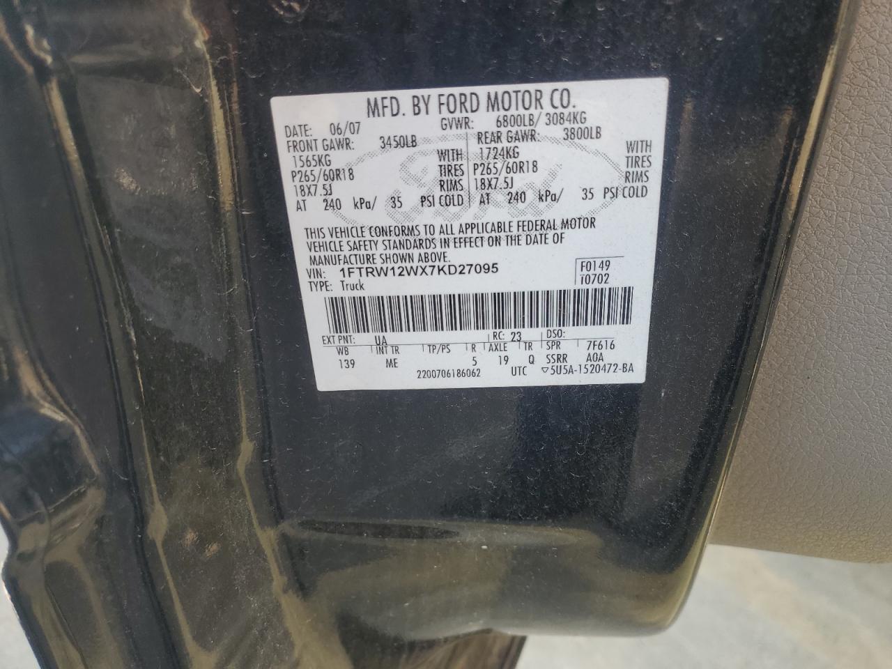 2007 Ford F150 Supercrew VIN: 1FTRW12WX7KD27095 Lot: 68899125