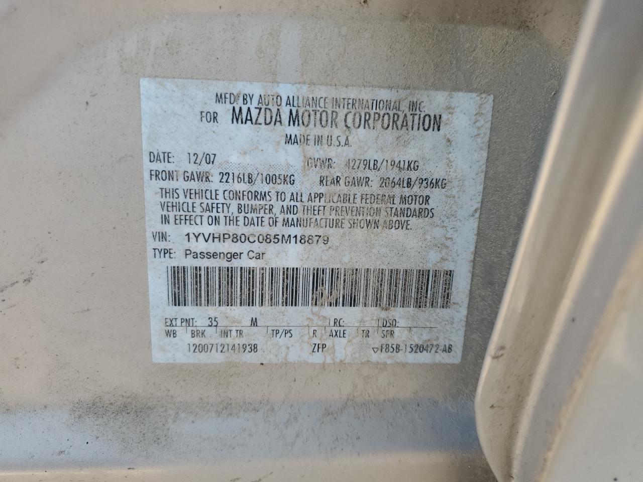 2008 Mazda 6 I VIN: 1YVHP80C085M18879 Lot: 70677775