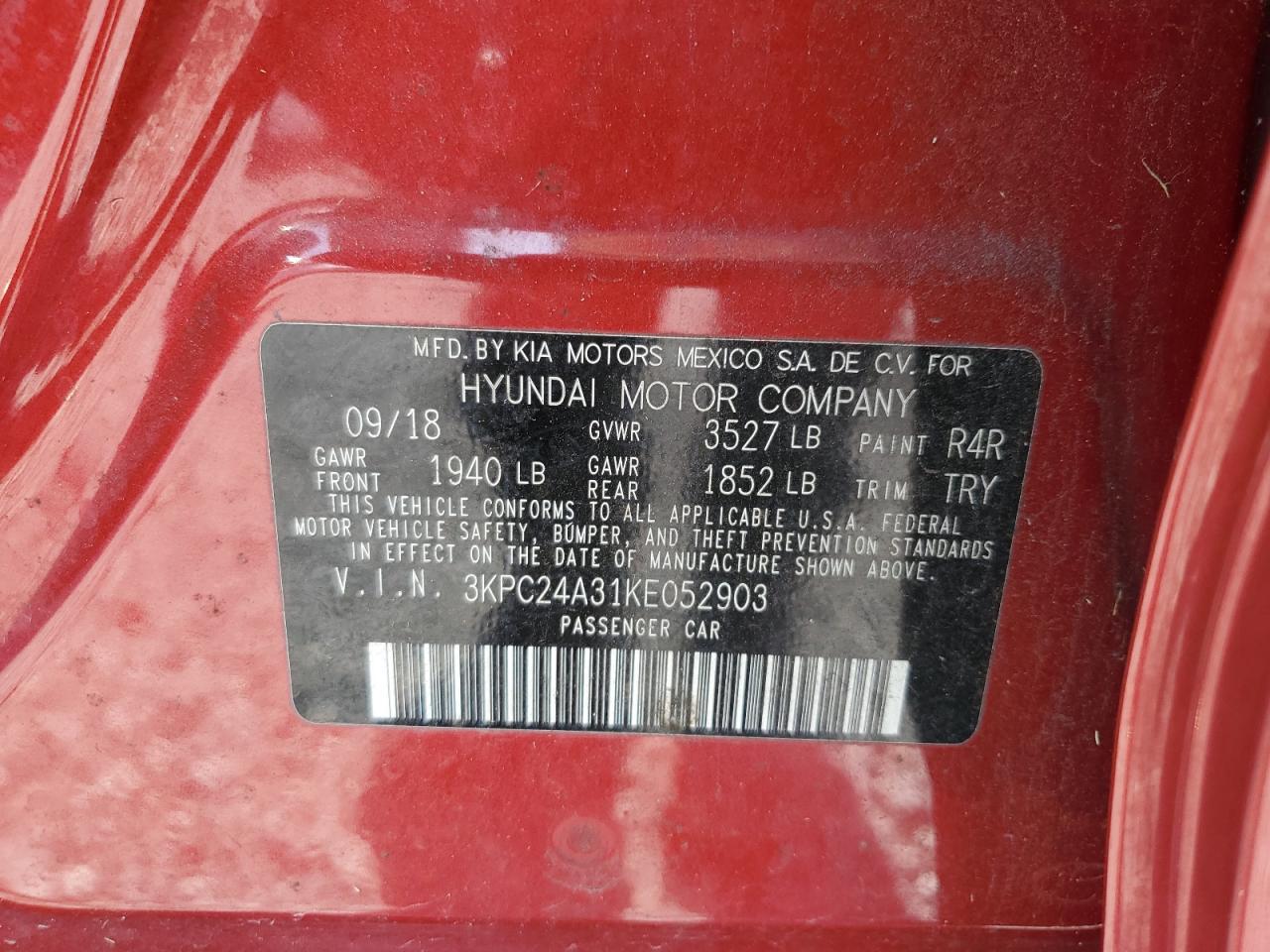 2019 Hyundai Accent Se VIN: 3KPC24A31KE052903 Lot: 69911565