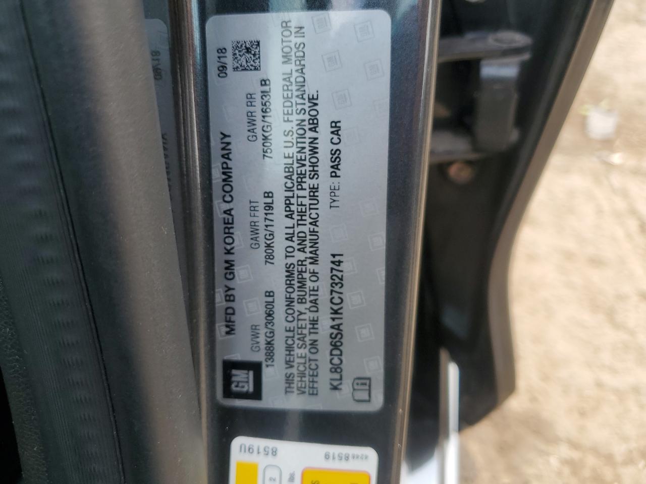 2019 Chevrolet Spark 1Lt VIN: KL8CD6SA1KC732741 Lot: 87379285