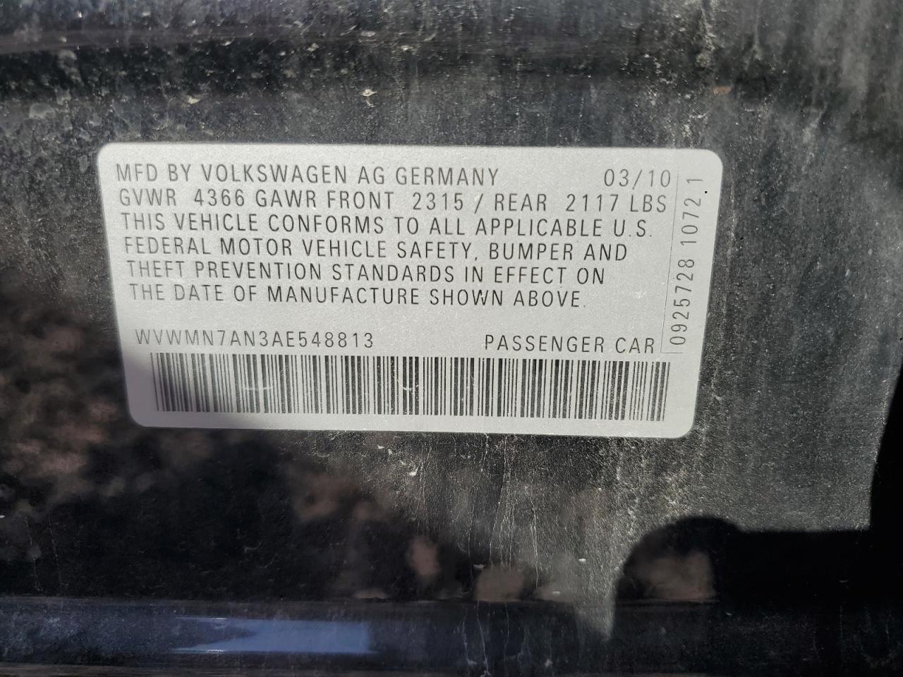 2010 Volkswagen Cc Sport VIN: WVWMN7AN3AE548813 Lot: 71044145